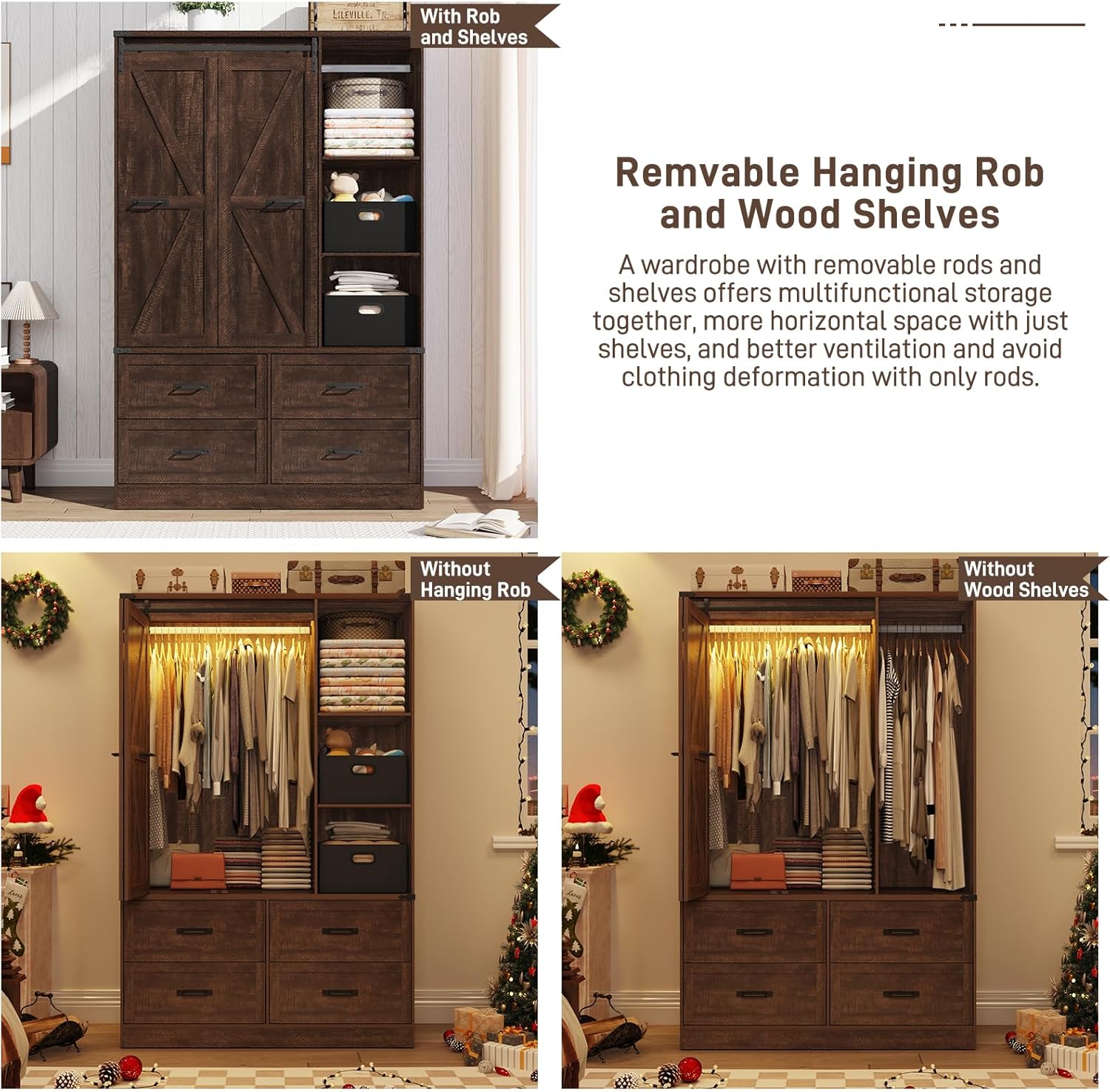 Farmhouse 3 Doors Armoire Wardrobe Closet w/Folding Sliding Barn Door and Lights, LED Armoire Closet w/Drawers for Bedroom, Freestanding Wooden Wardrobe Storage Closets w/Hanging Rod,Rustic Brown