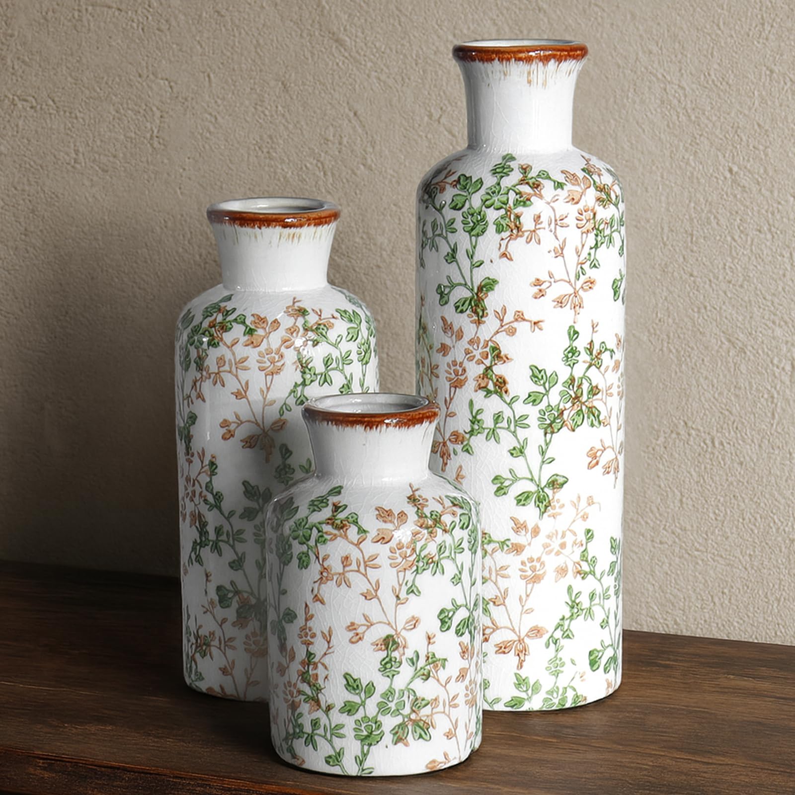 Ceramic Vase Set of 3, Vintage Ceramic Flower Vases, Crackle-Glaze & Distressed Rim, Blue Botanical Pattern, for Home Decor, Living Room Mantel & Dining Table Centerpiece
