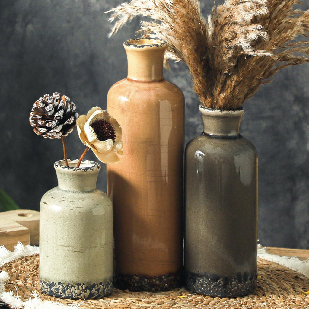 Set of 3 Whitewashed Farmhouse Ceramic Vases Neutral Rustic Home Decor Vases