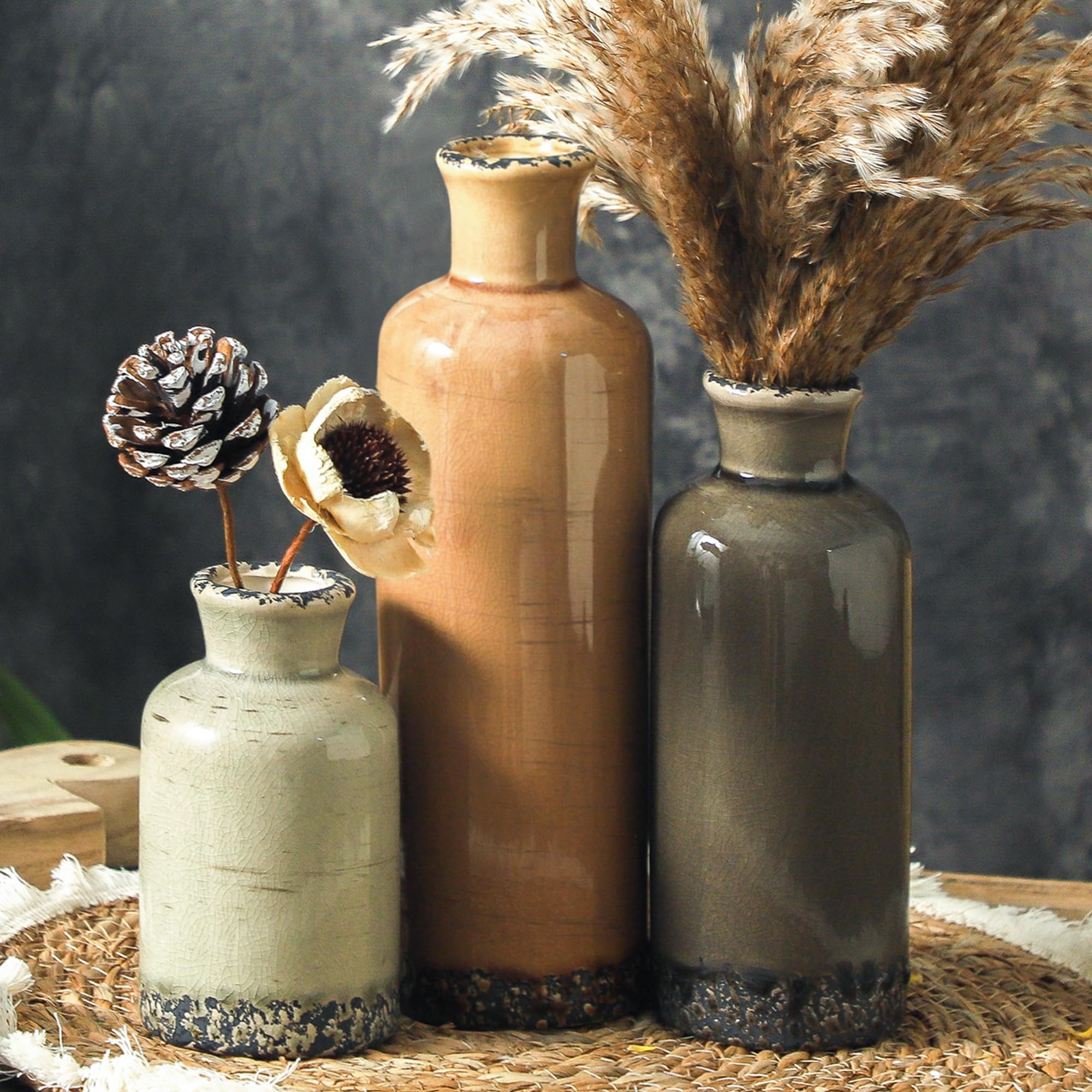 Set of 3 Whitewashed Farmhouse Ceramic Vases Neutral Rustic Home Decor Vases