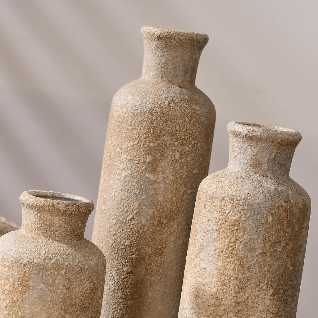 LUKA Ceramic Rustic Farmhouse Vase Set of 3,Terracotta Vases for Decor,Antique Vase for Your Bedroom,Office,Living Room,Fireplace,Bookshelf Decor,Housewarming (10+7.5+5 Inch)