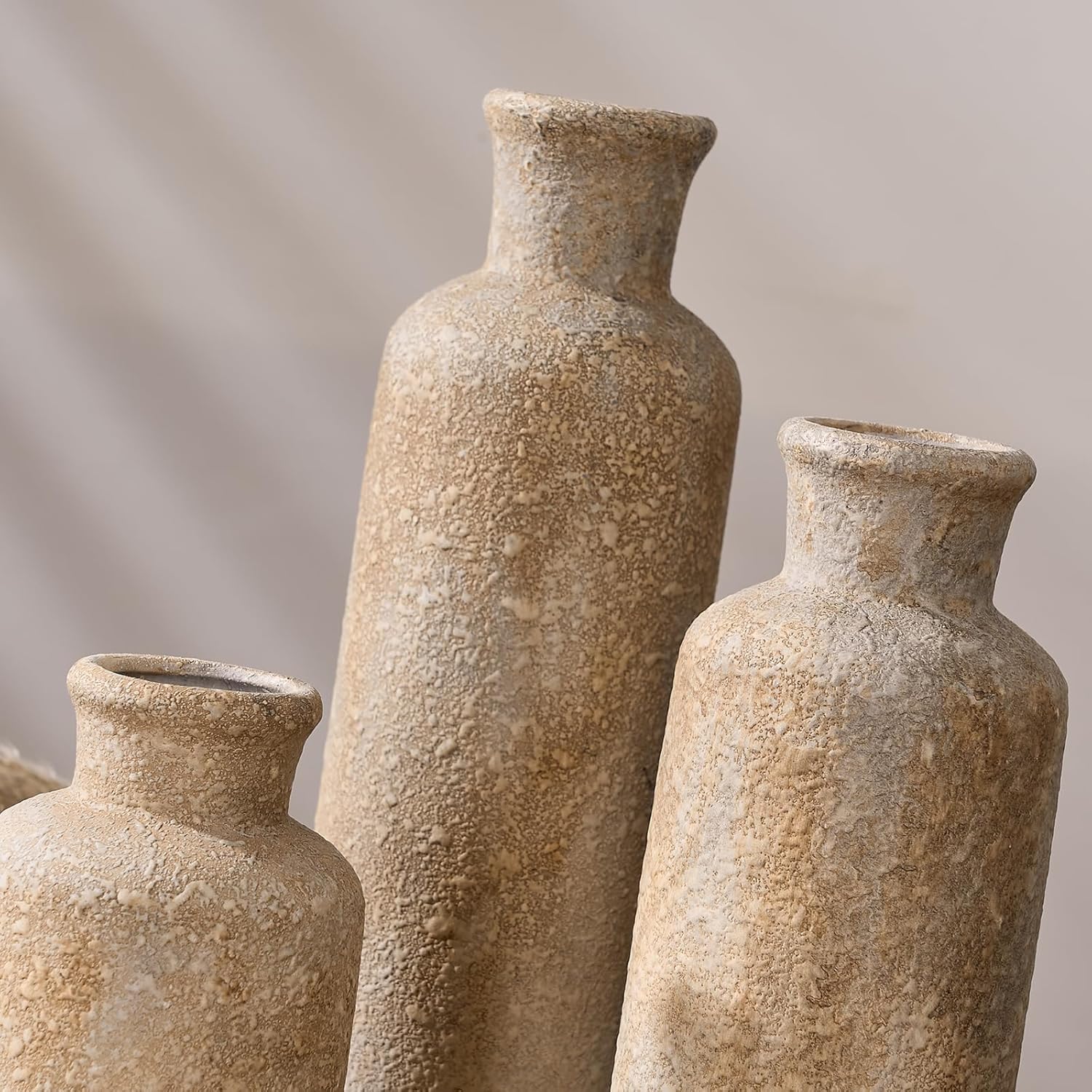 LUKA Ceramic Rustic Farmhouse Vase Set of 3,Terracotta Vases for Decor,Antique Vase for Your Bedroom,Office,Living Room,Fireplace,Bookshelf Decor,Housewarming (10+7.5+5 Inch)