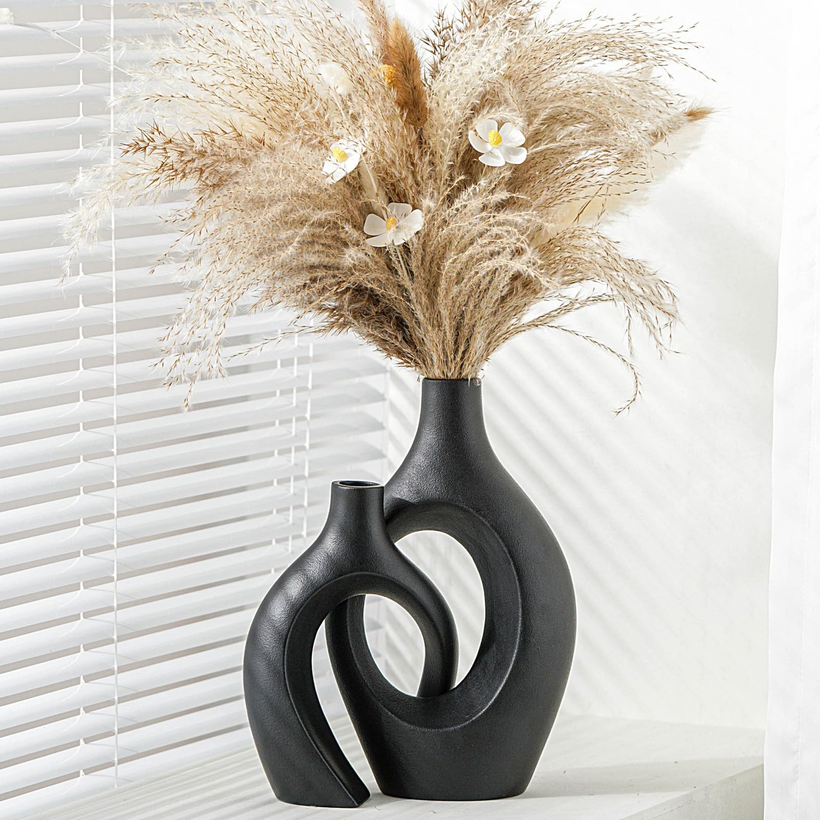 Levvohd Hollow Ceramic Vase Set of 2, Modern Nordic Minimalist Book Style Boho Aesthetic Vases for Home Decor Living Room Shelf Entryway Coffee Centerpiece Table Decorative (Cream White)