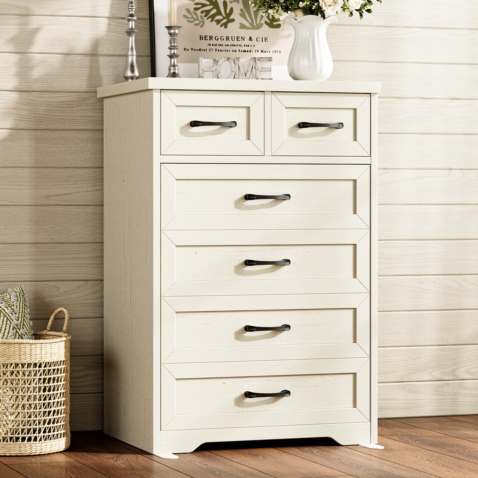 Vintage White Farmhouse 6-Drawer Wooden Dresser 47" Wide Bedroom Storage Chest