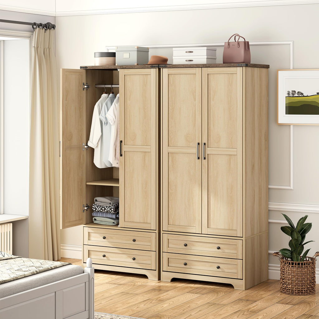 Brafab Armoire Wardrobe Closet with 2 Rattan Doors, 71" Farmhouse Tall Freestanding Coat Closet Wardrobe Cabinet with Drawers and Hanging Rail, Wooden Armoire Storage Cabinet with Shelf for Bedroom