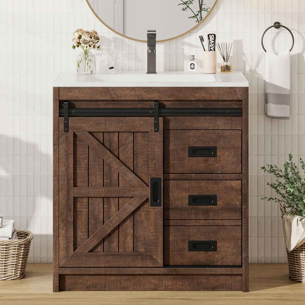 AMERLIFE 48" Farmhouse Freestanding Bathroom Vanity with Sink, Sliding Barn Doors Bathroom Vanity with Drawers & Deep Basin, Spacious Bathroom Storage, Rustic White