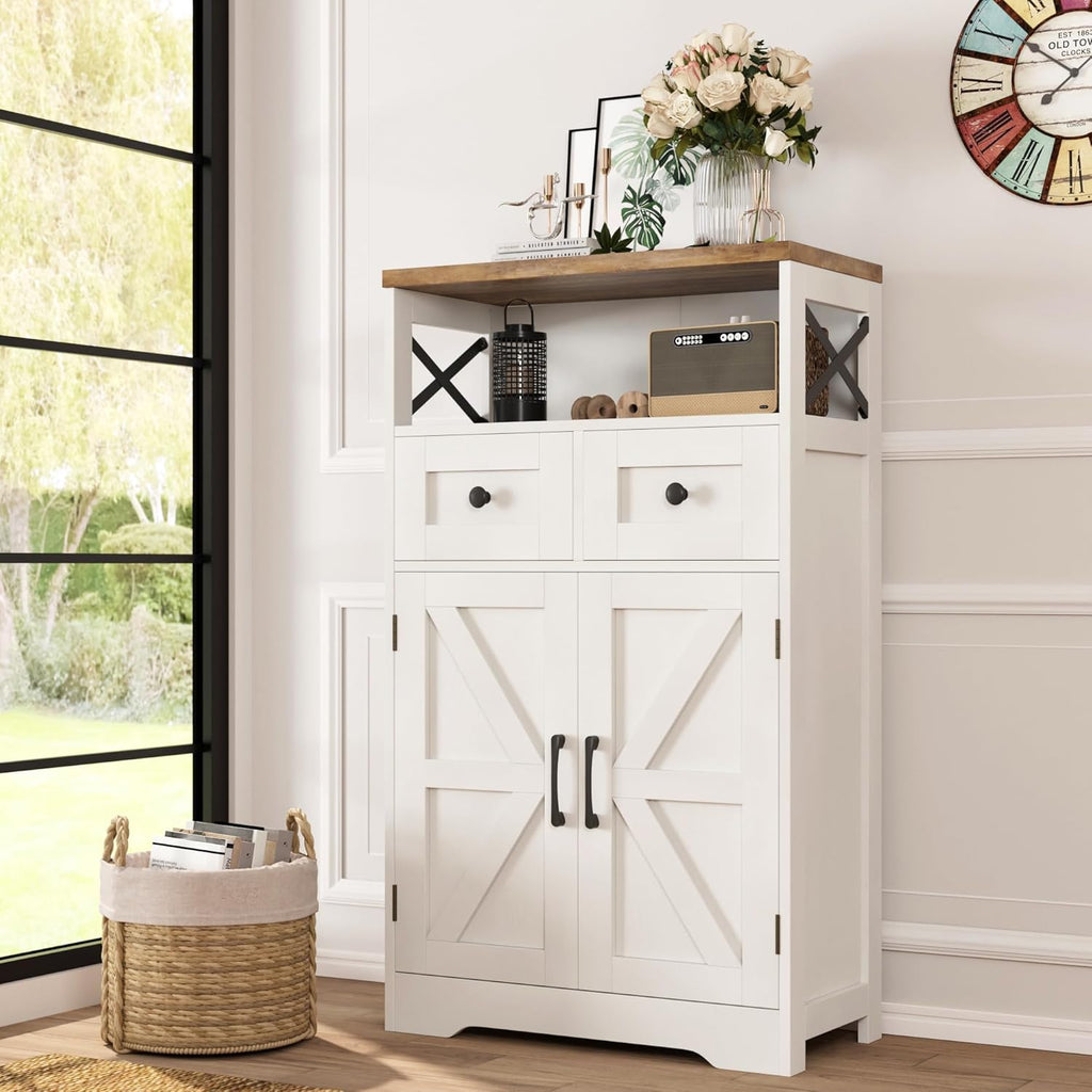 Befrases Farmhouse White Storage Cabinet with Doors and Drawers, Freestanding Kitchen Pantry Cabinet, Floor Storage Cabinet Hutch Cupboard for Kitchen, Living Dining Room, Bathroom