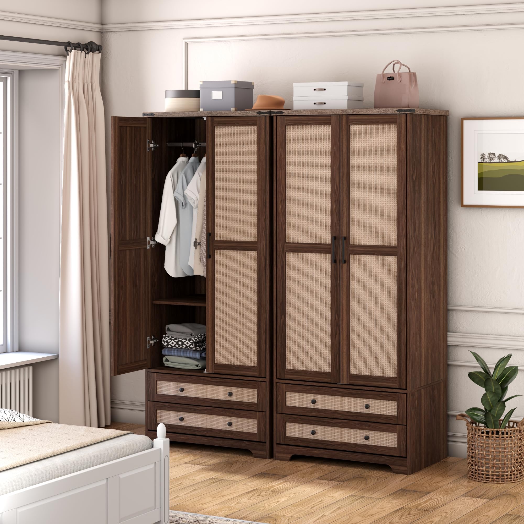 Brafab Armoire Wardrobe Closet with 2 Rattan Doors, 71" Farmhouse Tall Freestanding Coat Closet Wardrobe Cabinet with Drawers and Hanging Rail, Wooden Armoire Storage Cabinet with Shelf for Bedroom