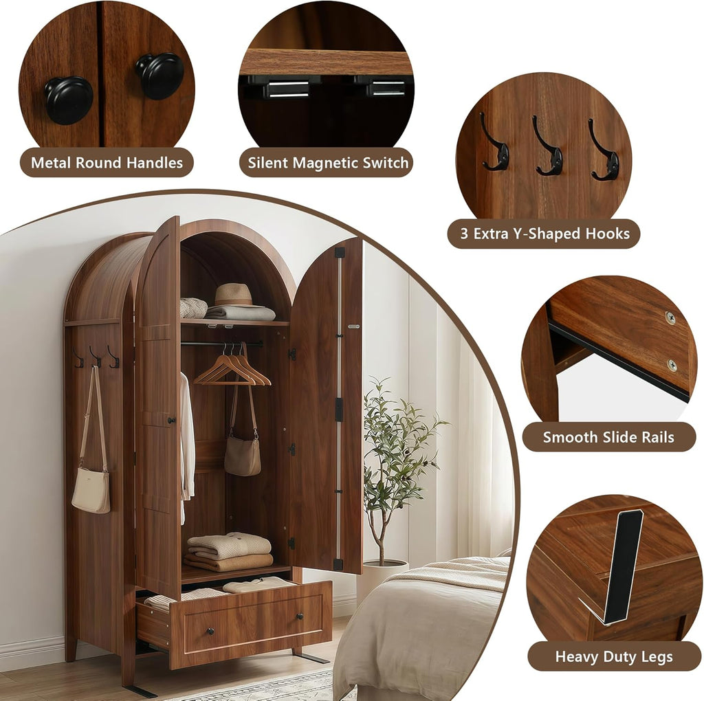Einhomn Armoire Wardrobe Closet with Drawer & 2 Arched Doors, 70.3'' Tall Wood Closet Organizer with Hanging Rod & 3 Hooks, Large Storage Cabinet Freestanding Bedroom Admoires, Easy Assembly, Walnut