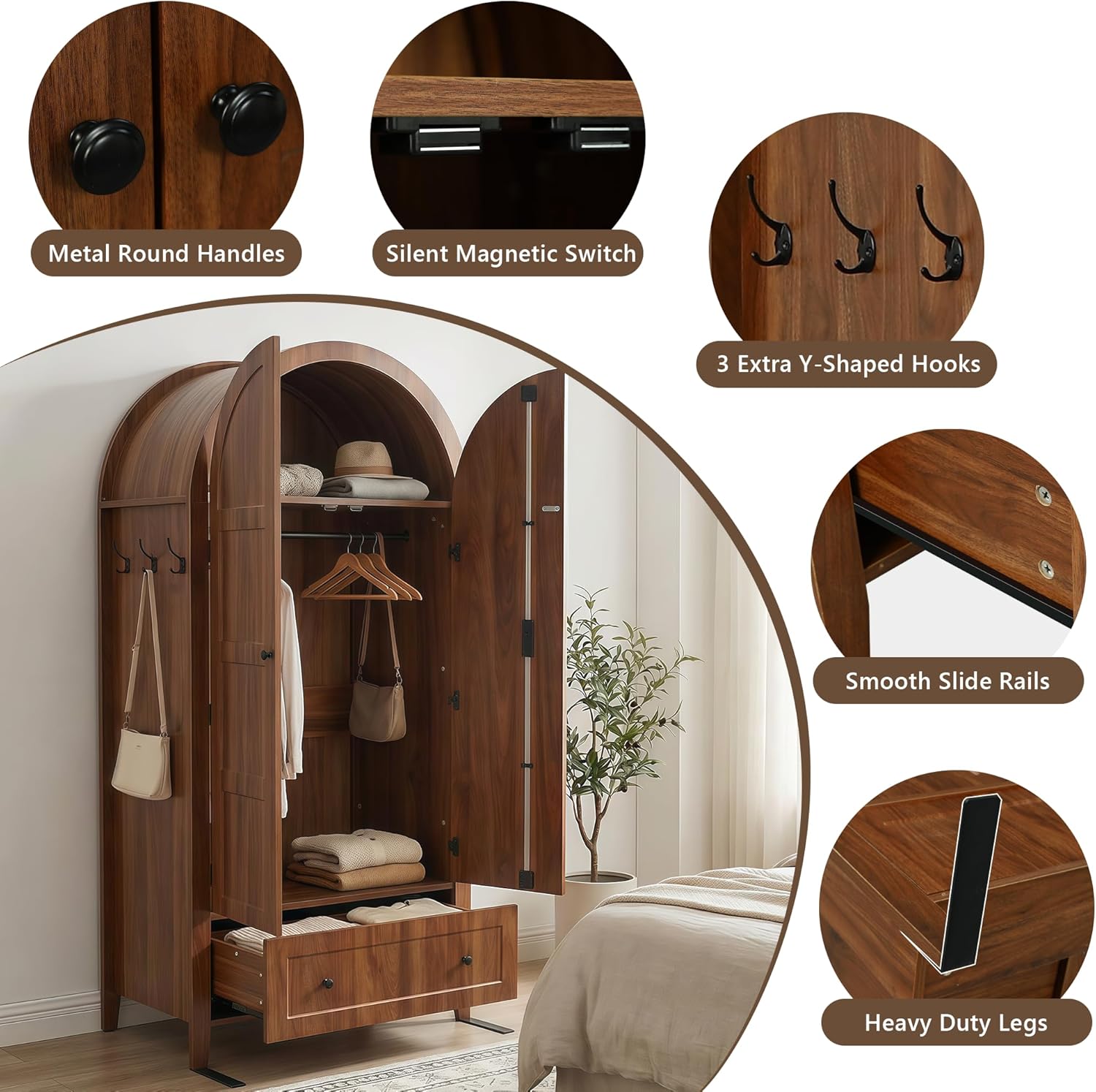 Einhomn Armoire Wardrobe Closet with Drawer & 2 Arched Doors, 70.3'' Tall Wood Closet Organizer with Hanging Rod & 3 Hooks, Large Storage Cabinet Freestanding Bedroom Admoires, Easy Assembly, Walnut