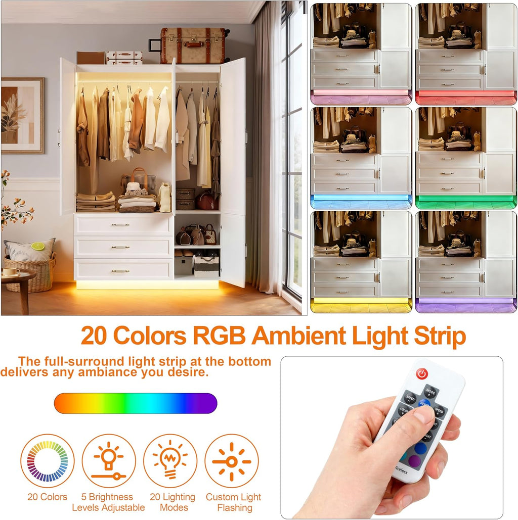 AXCITOC 72" Armoire Wardrobe Closet with 3 Door Wooden Bedroom Armoire with LED Light 3 Drawers Large Modern White Wardrobe Cabinet with Retro Ceramic Door Handles and Removable Hanging Rod