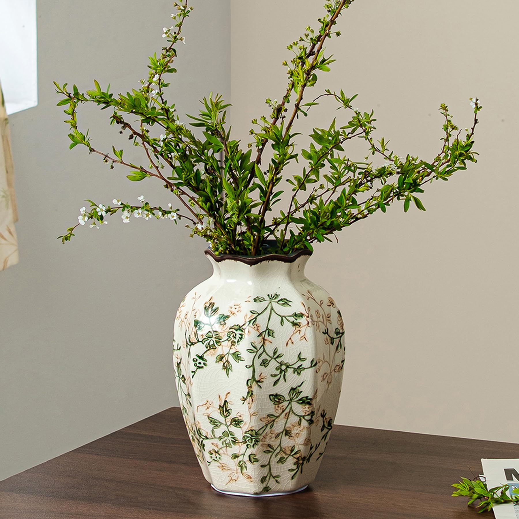 Ceramic Flower Vases Set of 3 | Green Rustic Farmhouse Vase Set for Home Decor, Vintage Floral Decorative Vase for Living Room & Kitchen, Mantel & Bookshelf, Centerpieces, Entryway(5.7+5.9+7.1Inch)