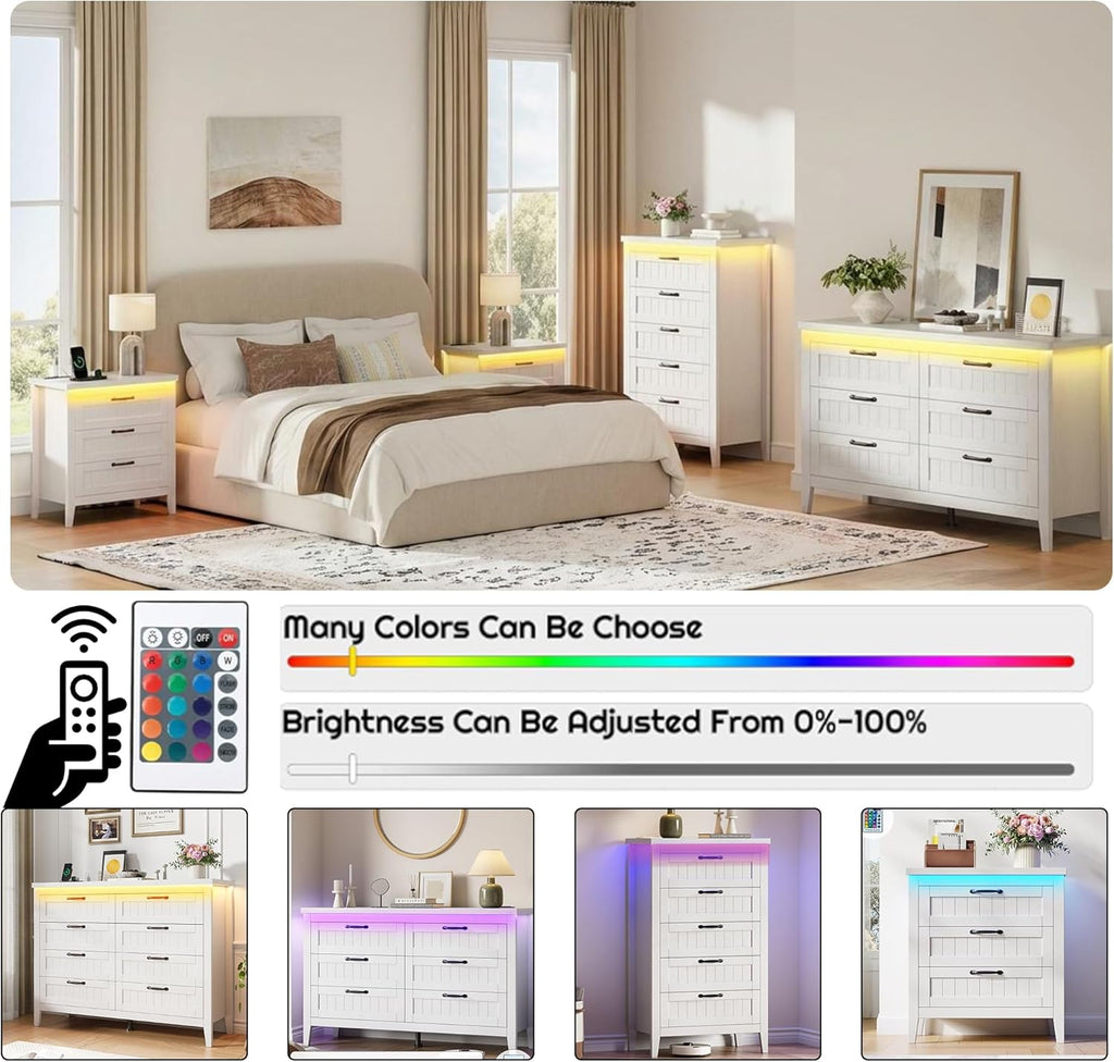 GarveeHome Farmhouse 6 Drawer Dresser with Charging Station & LED Lights, Slim Wooden Bedroom Dresser, Rustic Chest of Drawers Clothes Storage Organizer for Closet Dorm Apartments, White