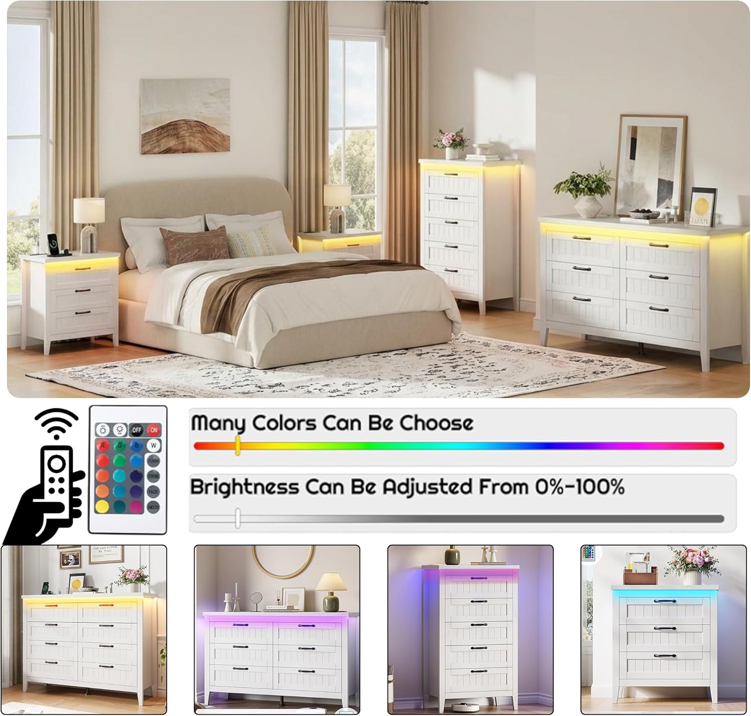 GarveeHome Farmhouse 6 Drawer Dresser with Charging Station & LED Lights, Slim Wooden Bedroom Dresser, Rustic Chest of Drawers Clothes Storage Organizer for Closet Dorm Apartments, White