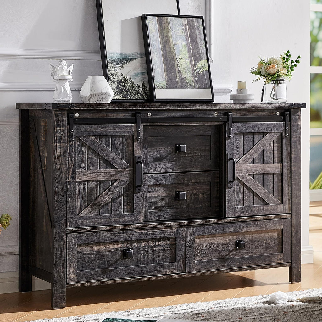 AMERLIFE 60" Farmhouse Dresser with Sliding Barn Doors, Rustic Dresser TV Stand with 4 Drawers, Storage Organizer for Bedroom/Entryway, Distressed White