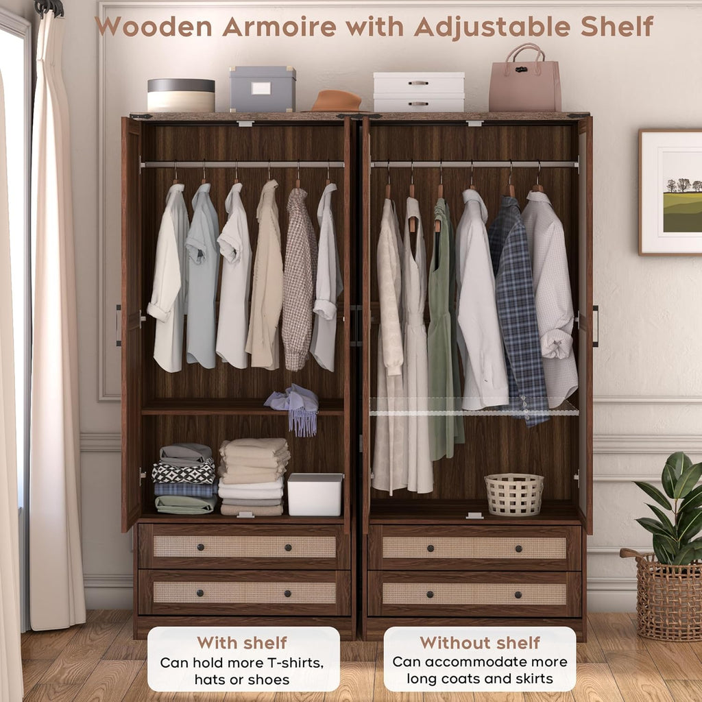 Brafab Armoire Wardrobe Closet with 2 Rattan Doors, 71" Farmhouse Tall Freestanding Coat Closet Wardrobe Cabinet with Drawers and Hanging Rail, Wooden Armoire Storage Cabinet with Shelf for Bedroom