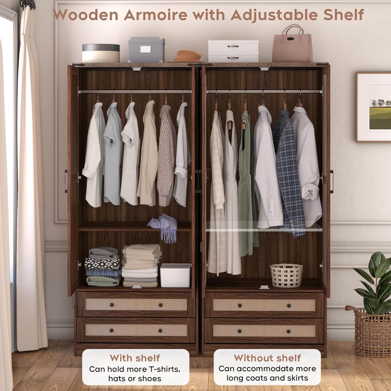 Brafab Armoire Wardrobe Closet with 2 Rattan Doors, 71" Farmhouse Tall Freestanding Coat Closet Wardrobe Cabinet with Drawers and Hanging Rail, Wooden Armoire Storage Cabinet with Shelf for Bedroom