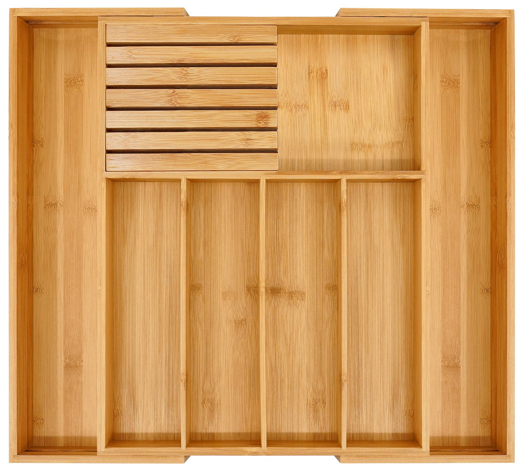 VaeFae Bamboo Silverware Drawer Organizer Kitchen, Expandable Utensil Organizer with Knife Block, Cutlery Tray with Divider, Multifunctional Drawer Organizer