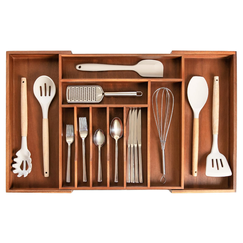 KitchenEdge Premium Silverware, Flatware and Utensil Organizer for Kitchen Drawers, Food-Safe Contract Grade, Expandable from 18 to 33 In, Natural Bamboo