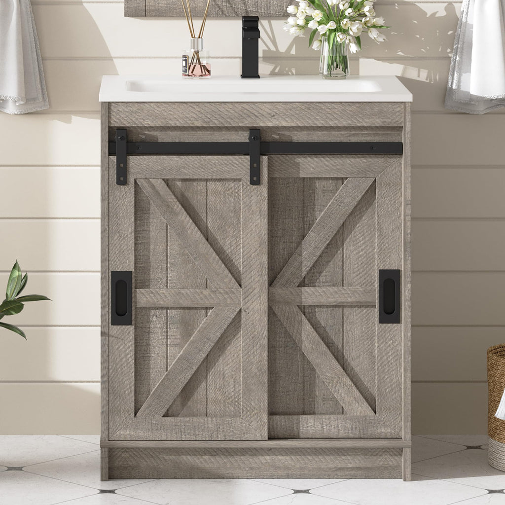 AMERLIFE 48" Farmhouse Freestanding Bathroom Vanity with Sink, Sliding Barn Doors Bathroom Vanity with Drawers & Deep Basin, Spacious Bathroom Storage, Rustic White