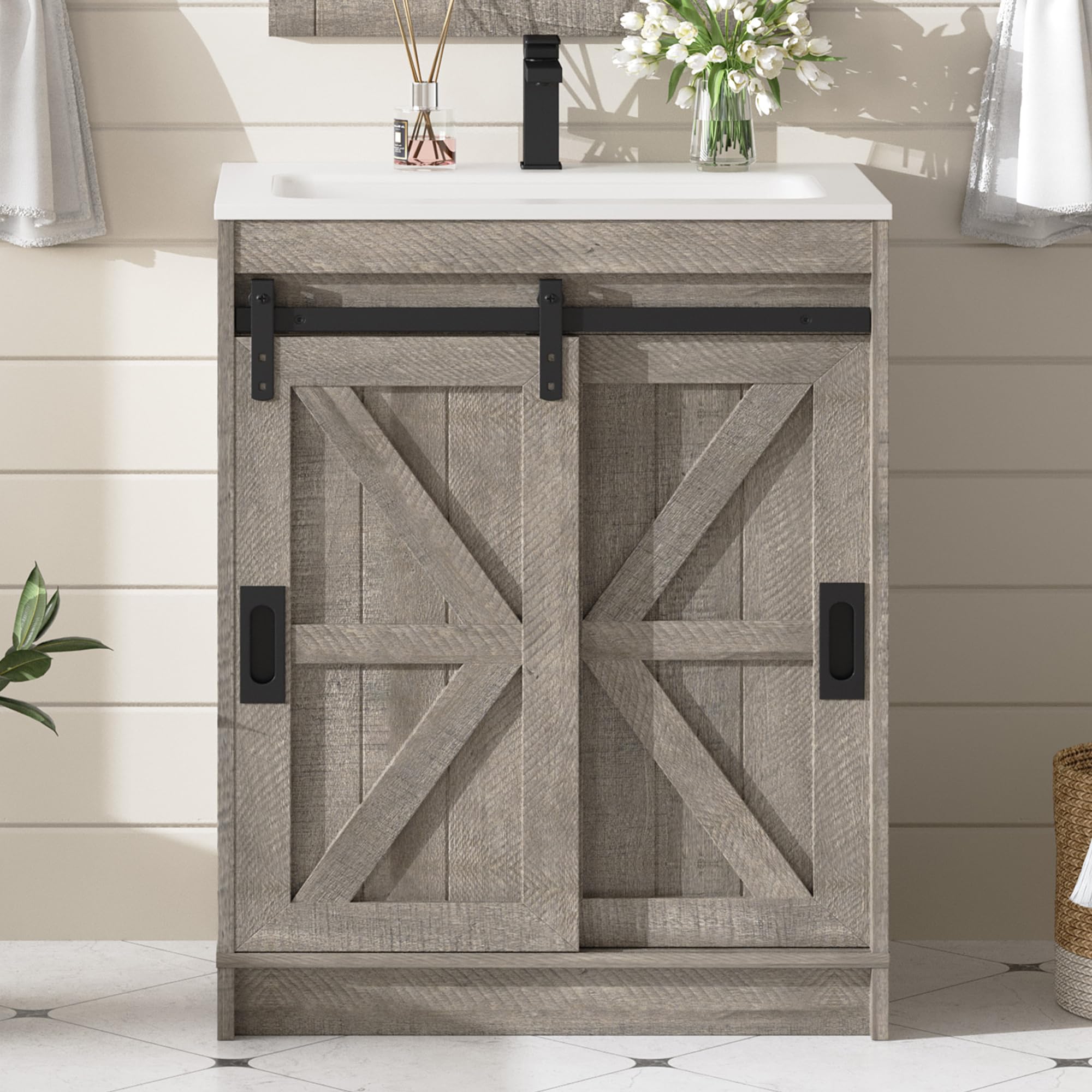 AMERLIFE 48" Farmhouse Freestanding Bathroom Vanity with Sink, Sliding Barn Doors Bathroom Vanity with Drawers & Deep Basin, Spacious Bathroom Storage, Rustic White