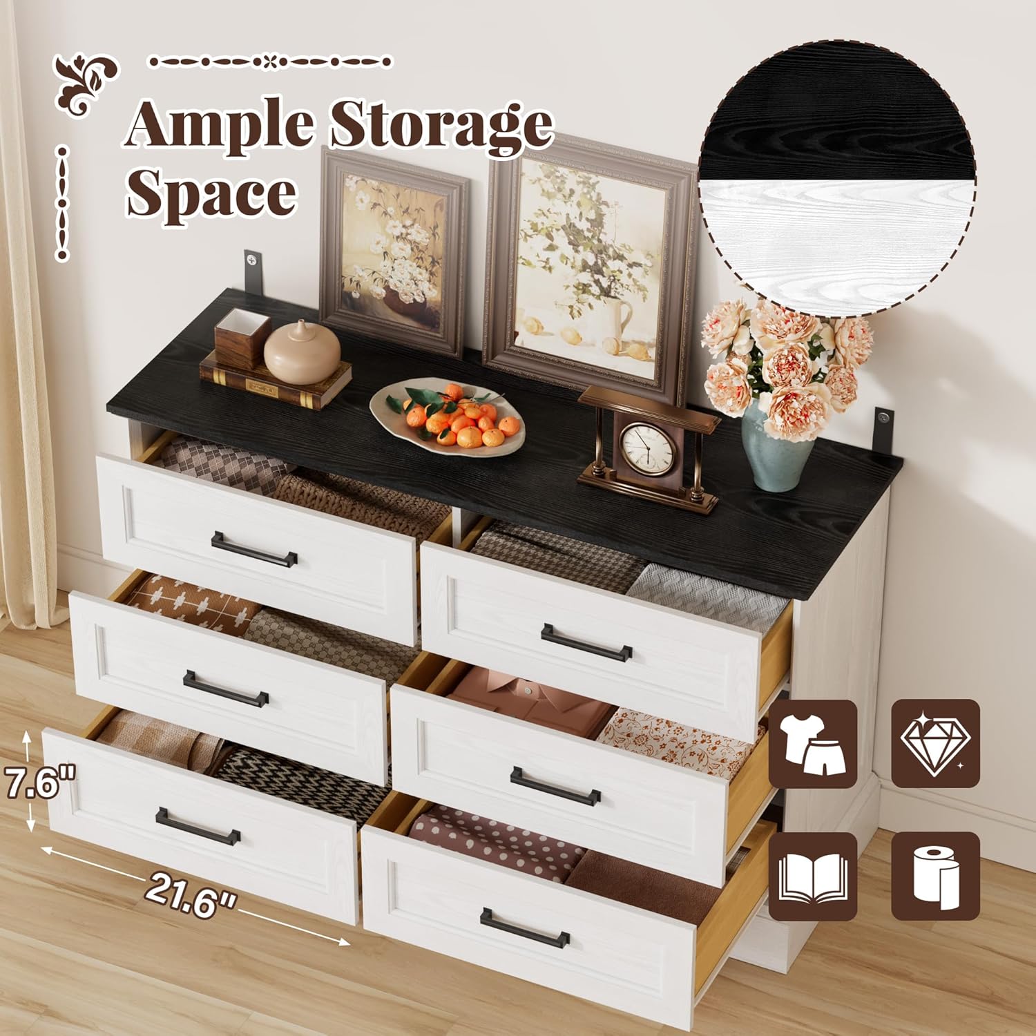 Furmax Farmhouse Dresser for Bedroom, 6 Drawers Dresser, Wood Chest of Drawers, 47.2" Wide Storage Dressers Organizer for Bedroom, Living Room, White and Black