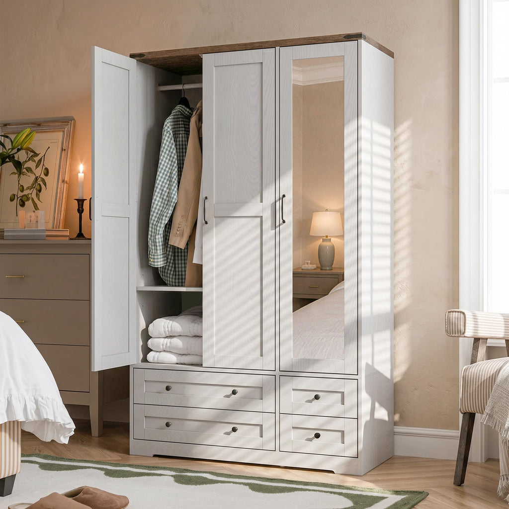 Brafab Armoire Wardrobe Closet with 2 Rattan Doors, 71" Farmhouse Tall Freestanding Coat Closet Wardrobe Cabinet with Drawers and Hanging Rail, Wooden Armoire Storage Cabinet with Shelf for Bedroom