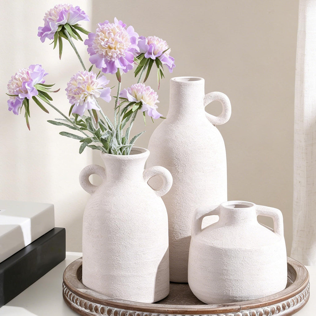 Ceramic Vase Set, 3Pcs Flower Vases for Modern Boho Farmhouse Decor, Decorative Vases for Pampas Grass & Dried Flowers, Distressed Finish