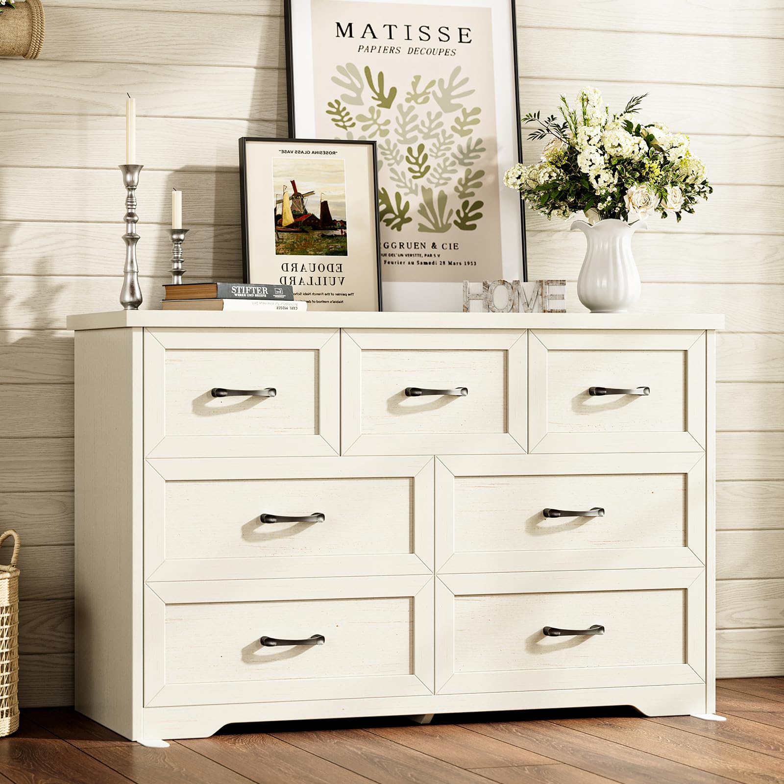 Vintage White Farmhouse 6-Drawer Wooden Dresser 47" Wide Bedroom Storage Chest