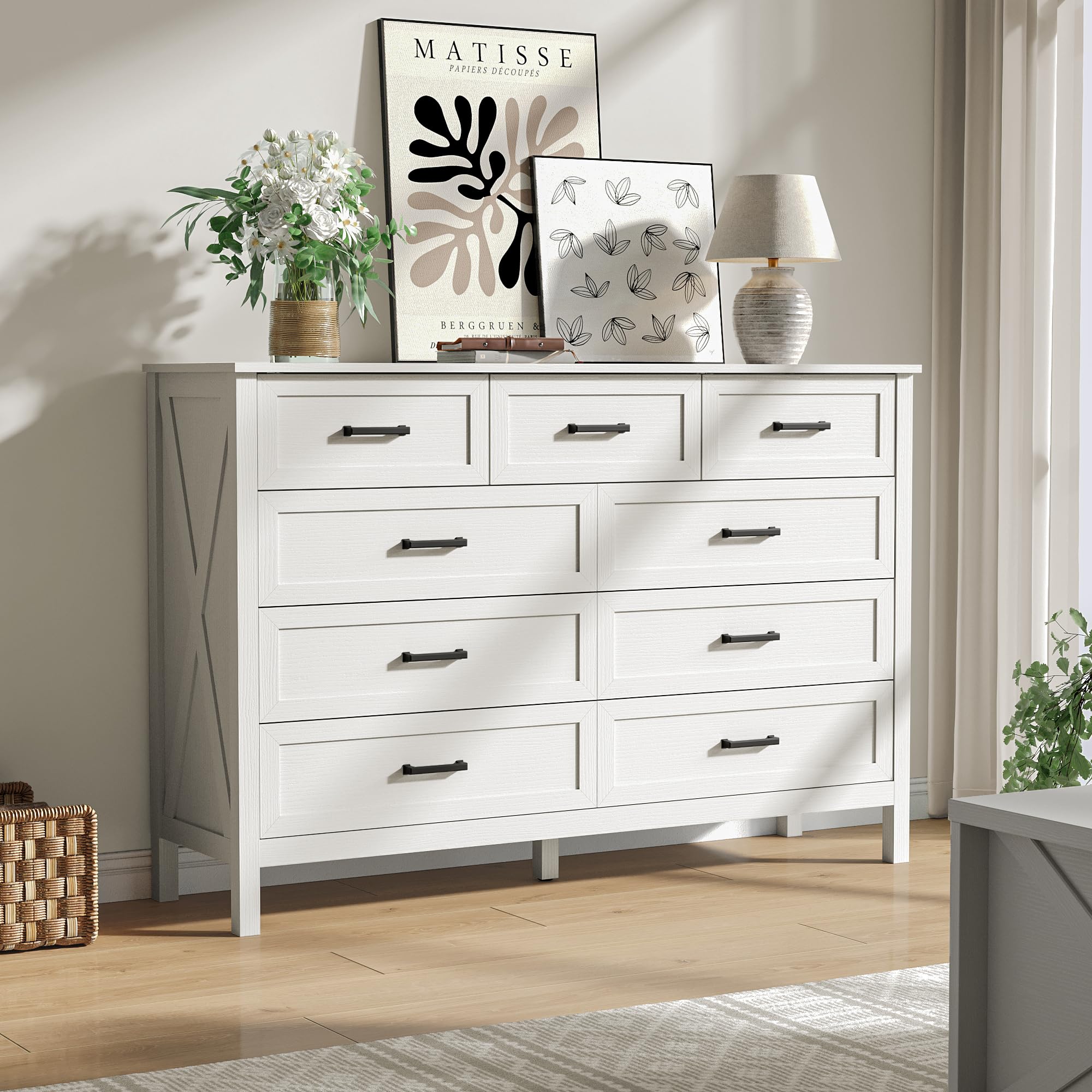 Farmhouse White 9 Drawers Dresser for Bedroom, Wood Rustic Wide Dressers with Metal Handles, Wood Chest for Bedroom, Hallway, Entryway