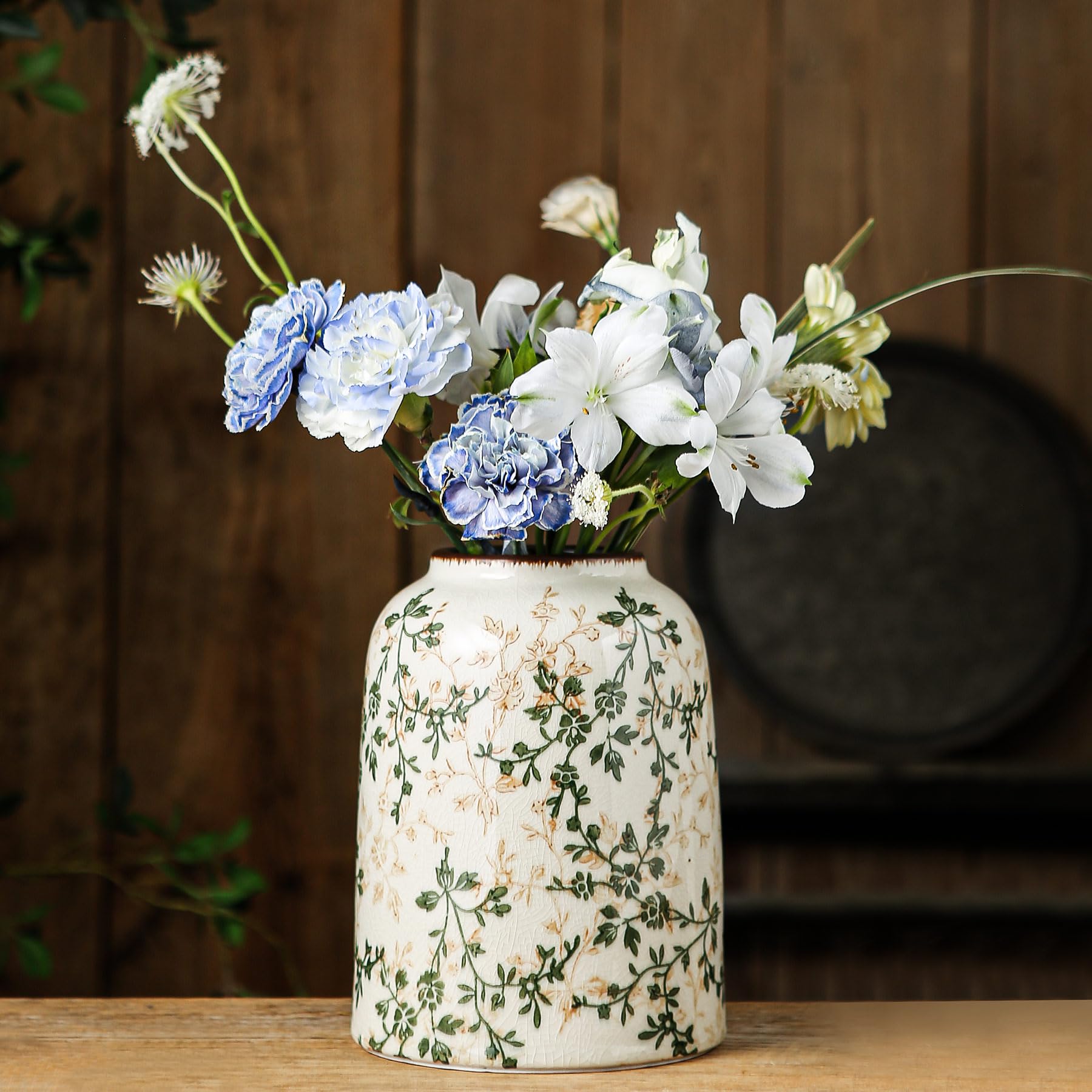 Ceramic Flower Vases Set of 3 | Green Rustic Farmhouse Vase Set for Home Decor, Vintage Floral Decorative Vase for Living Room & Kitchen, Mantel & Bookshelf, Centerpieces, Entryway(5.7+5.9+7.1Inch)