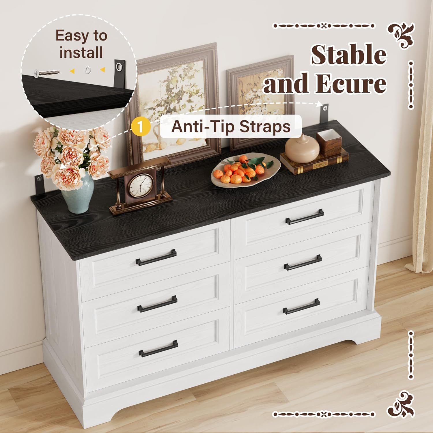 Furmax Farmhouse Dresser for Bedroom, 6 Drawers Dresser, Wood Chest of Drawers, 47.2" Wide Storage Dressers Organizer for Bedroom, Living Room, White and Black