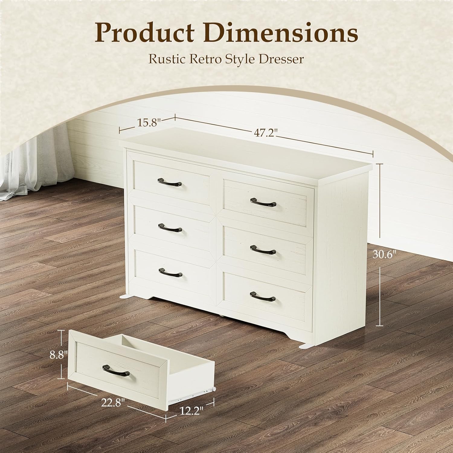 Vintage White Farmhouse 6-Drawer Wooden Dresser 47" Wide Bedroom Storage Chest