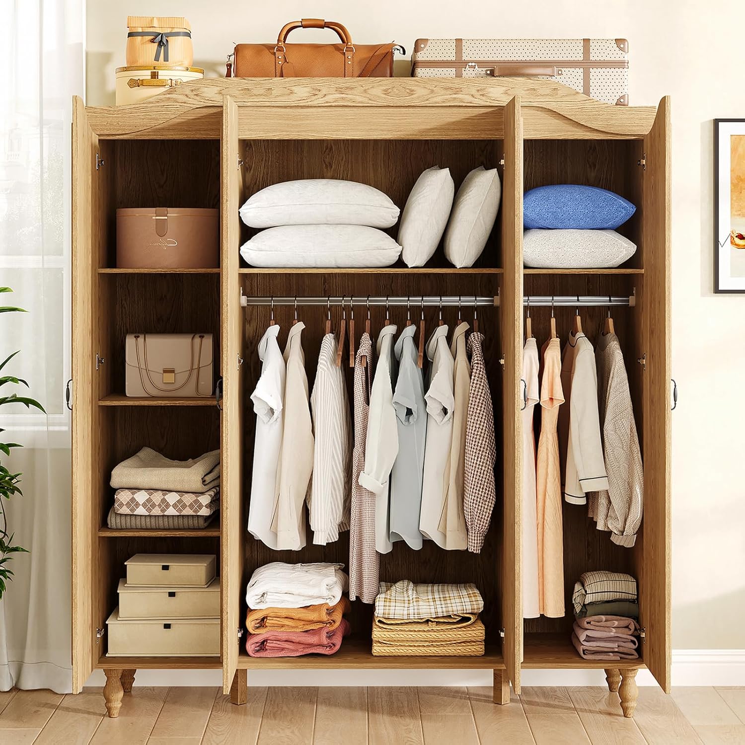 Arched Armoire Wardrobe Closet with 4 Doors, 71" H Wooden Large Capacity Wardrobe Cabinet with 2 Hanging Rods and 8 Shelves, Freestanding Armoire Storage Cabinet for Bedroom, Cloak Room, Natural