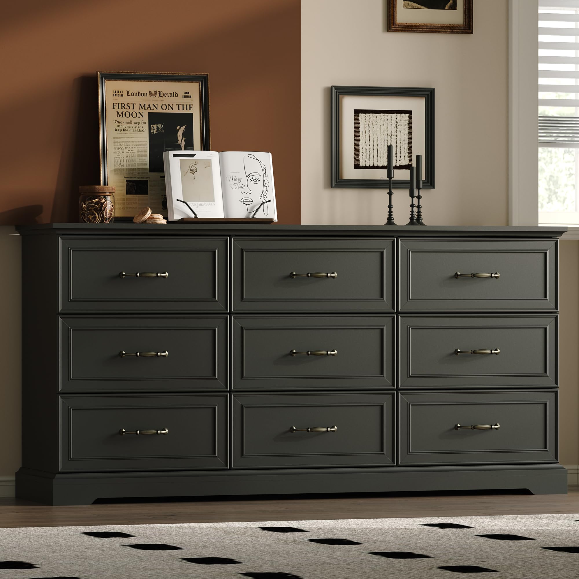 White Farmhouse 8-Drawer Wooden Dresser, 54" Wide Rustic Storage Chest with Bar Handles