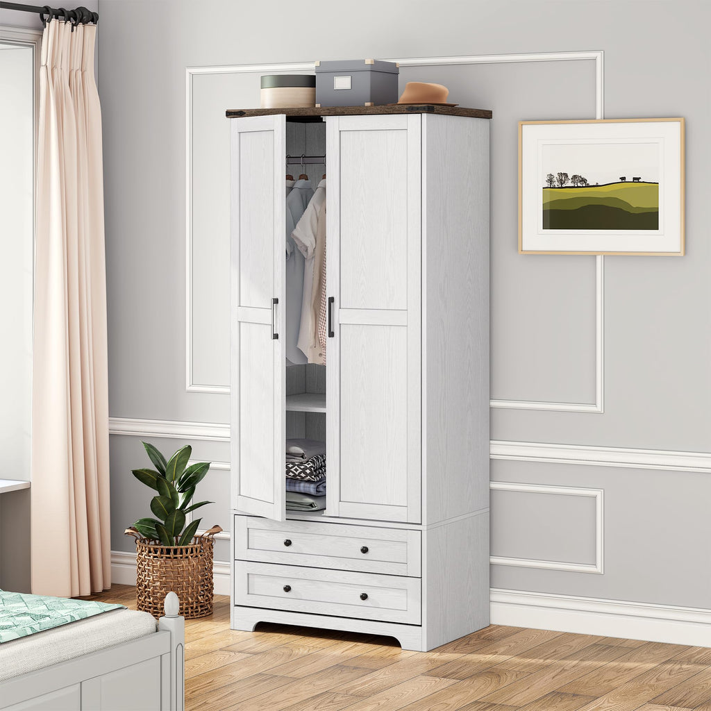 Brafab Armoire Wardrobe Closet with 2 Rattan Doors, 71" Farmhouse Tall Freestanding Coat Closet Wardrobe Cabinet with Drawers and Hanging Rail, Wooden Armoire Storage Cabinet with Shelf for Bedroom