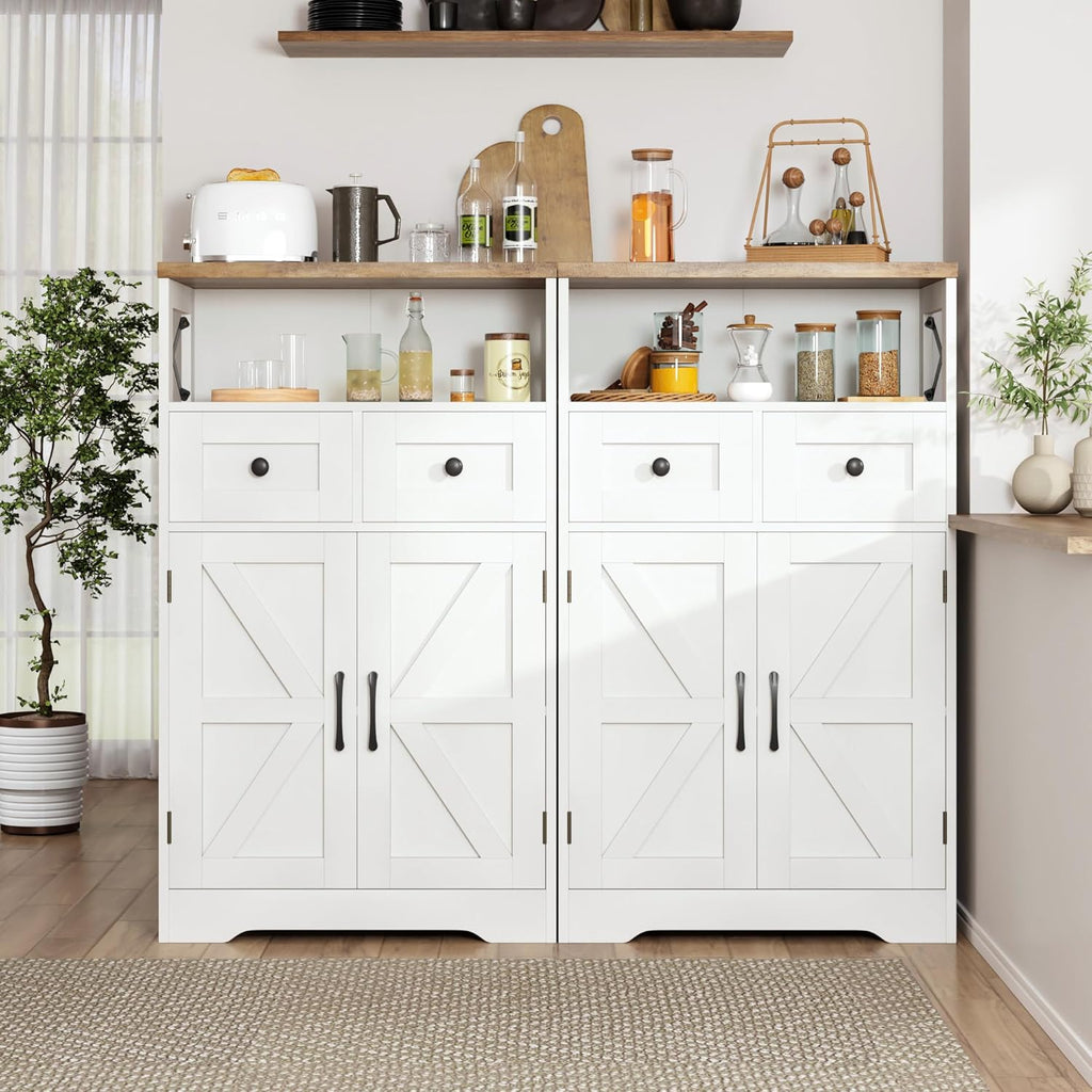 Befrases Farmhouse White Storage Cabinet with Doors and Drawers, Freestanding Kitchen Pantry Cabinet, Floor Storage Cabinet Hutch Cupboard for Kitchen, Living Dining Room, Bathroom