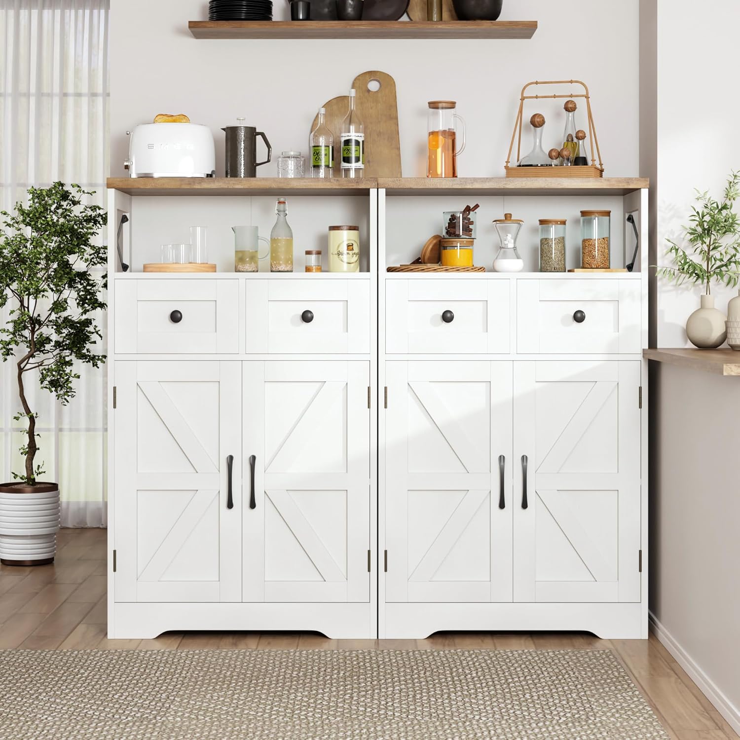 Befrases Farmhouse White Storage Cabinet with Doors and Drawers, Freestanding Kitchen Pantry Cabinet, Floor Storage Cabinet Hutch Cupboard for Kitchen, Living Dining Room, Bathroom