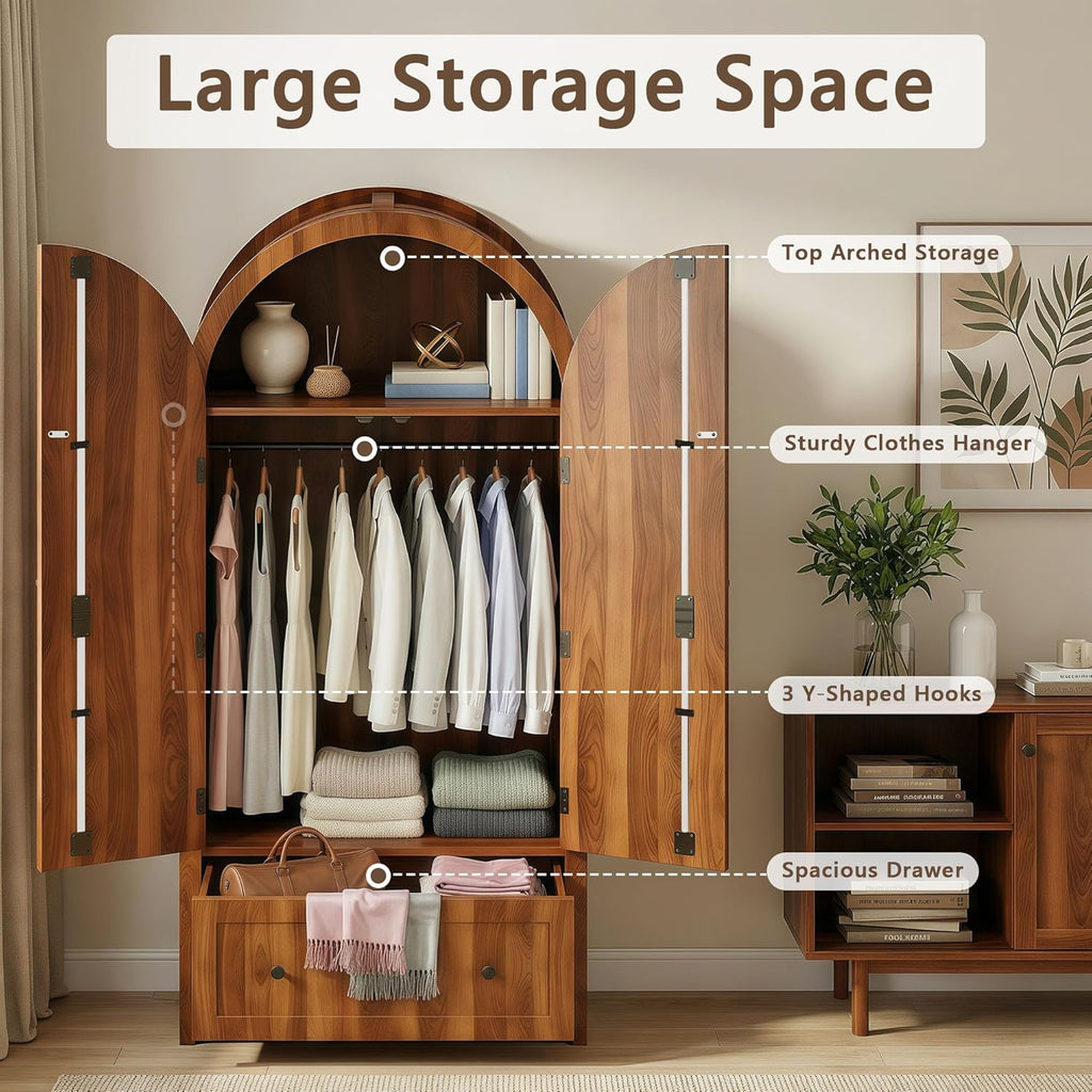 Einhomn Armoire Wardrobe Closet with Drawer & 2 Arched Doors, 70.3'' Tall Wood Closet Organizer with Hanging Rod & 3 Hooks, Large Storage Cabinet Freestanding Bedroom Admoires, Easy Assembly, Walnut
