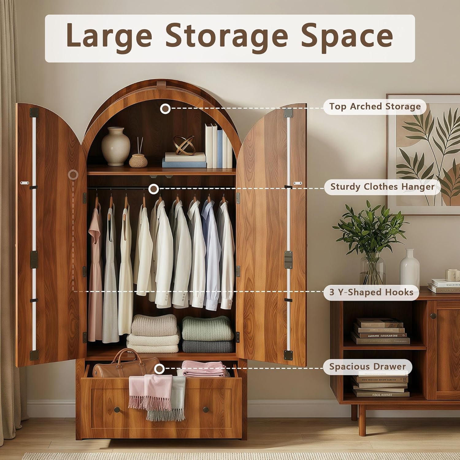 Einhomn Armoire Wardrobe Closet with Drawer & 2 Arched Doors, 70.3'' Tall Wood Closet Organizer with Hanging Rod & 3 Hooks, Large Storage Cabinet Freestanding Bedroom Admoires, Easy Assembly, Walnut