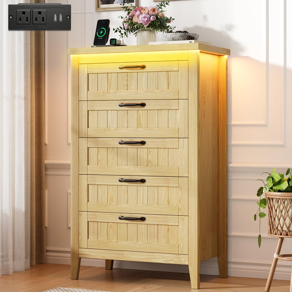 GarveeHome Farmhouse 6 Drawer Dresser with Charging Station & LED Lights, Slim Wooden Bedroom Dresser, Rustic Chest of Drawers Clothes Storage Organizer for Closet Dorm Apartments, White