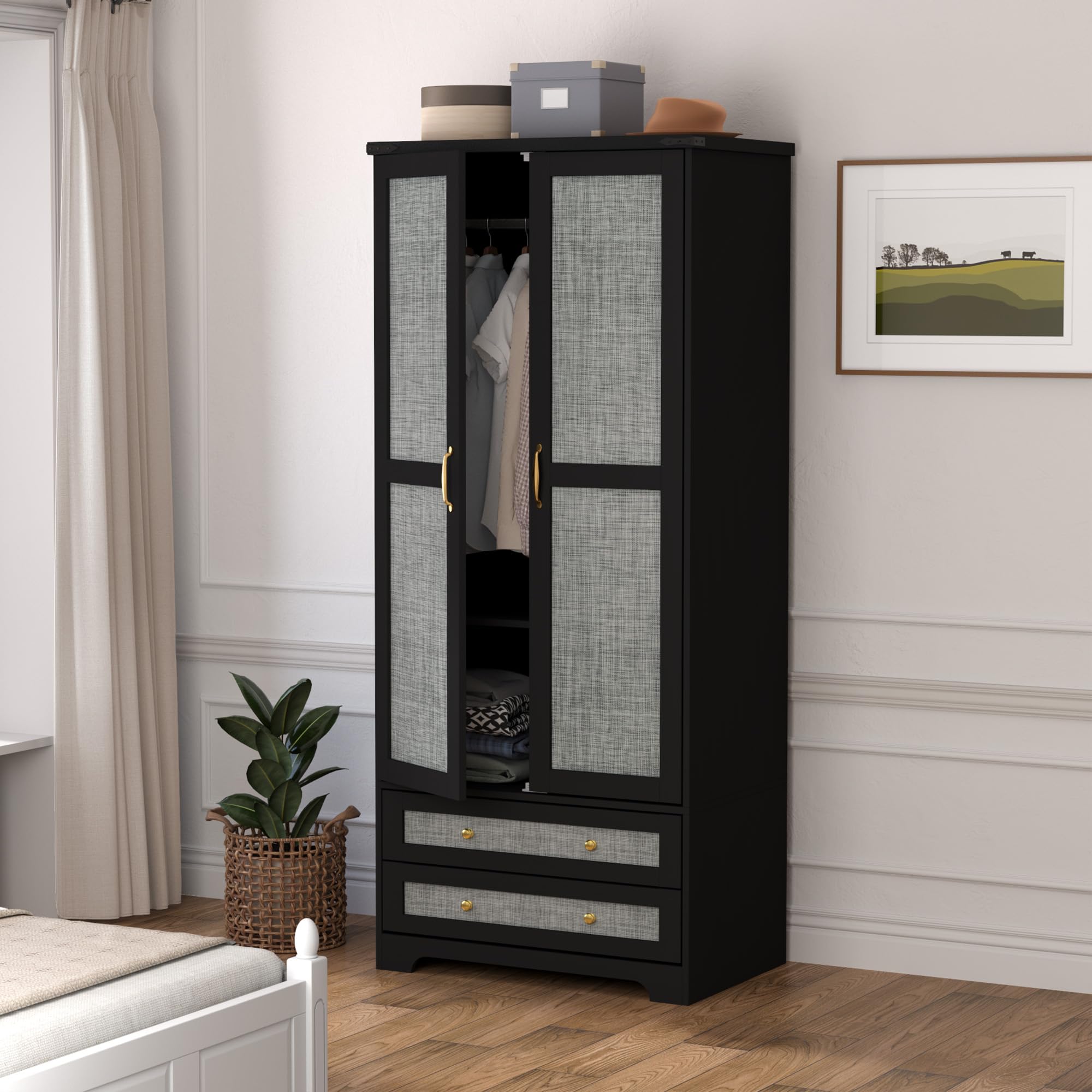 Brafab Armoire Wardrobe Closet with 2 Rattan Doors, 71" Farmhouse Tall Freestanding Coat Closet Wardrobe Cabinet with Drawers and Hanging Rail, Wooden Armoire Storage Cabinet with Shelf for Bedroom
