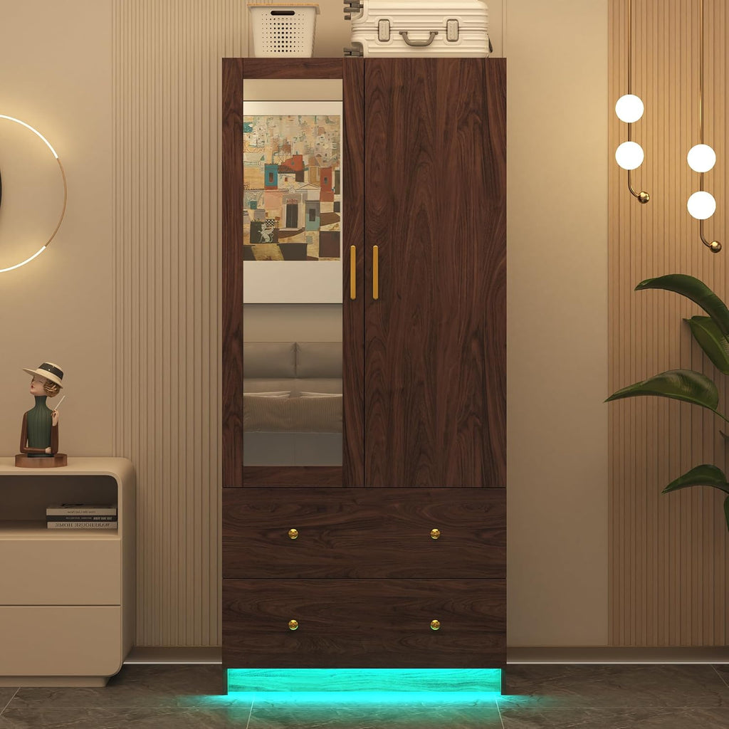 jiteentarou 2 Door Wardrobe Closet with Mirrors and LED Lights, Small Bedroom Armoire with Drawers, Modern Wooden Armoire Wardrobe Closet with Hanging Rod for Bedroom, Brown