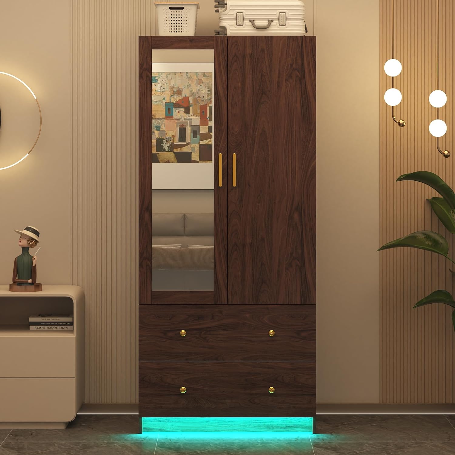 jiteentarou 2 Door Wardrobe Closet with Mirrors and LED Lights, Small Bedroom Armoire with Drawers, Modern Wooden Armoire Wardrobe Closet with Hanging Rod for Bedroom, Brown