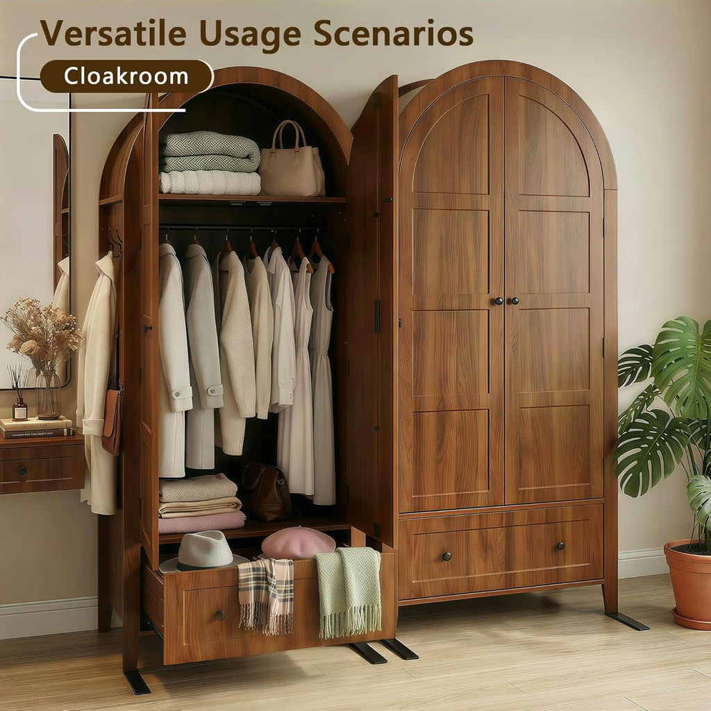 Einhomn Armoire Wardrobe Closet with Drawer & 2 Arched Doors, 70.3'' Tall Wood Closet Organizer with Hanging Rod & 3 Hooks, Large Storage Cabinet Freestanding Bedroom Admoires, Easy Assembly, Walnut