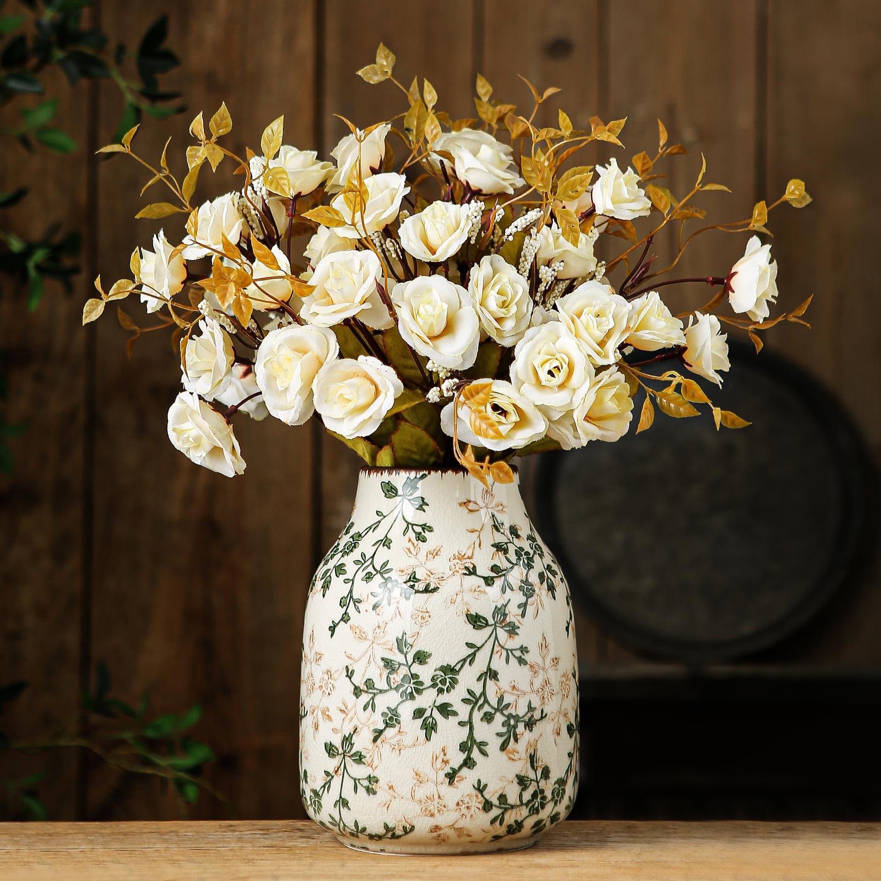 Ceramic Flower Vases Set of 3 | Green Rustic Farmhouse Vase Set for Home Decor, Vintage Floral Decorative Vase for Living Room & Kitchen, Mantel & Bookshelf, Centerpieces, Entryway(5.7+5.9+7.1Inch)