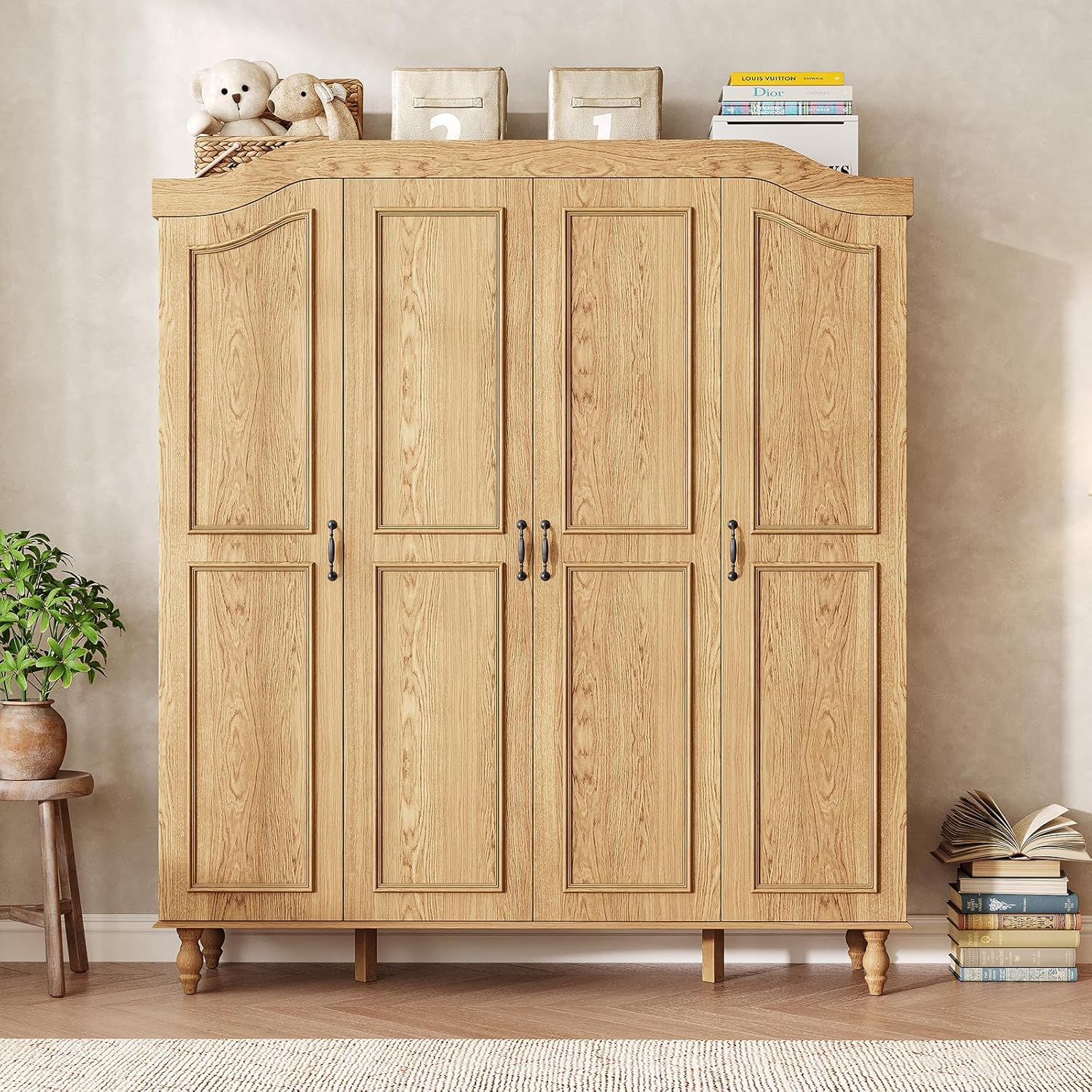 Arched Armoire Wardrobe Closet with 4 Doors, 71" H Wooden Large Capacity Wardrobe Cabinet with 2 Hanging Rods and 8 Shelves, Freestanding Armoire Storage Cabinet for Bedroom, Cloak Room, Natural