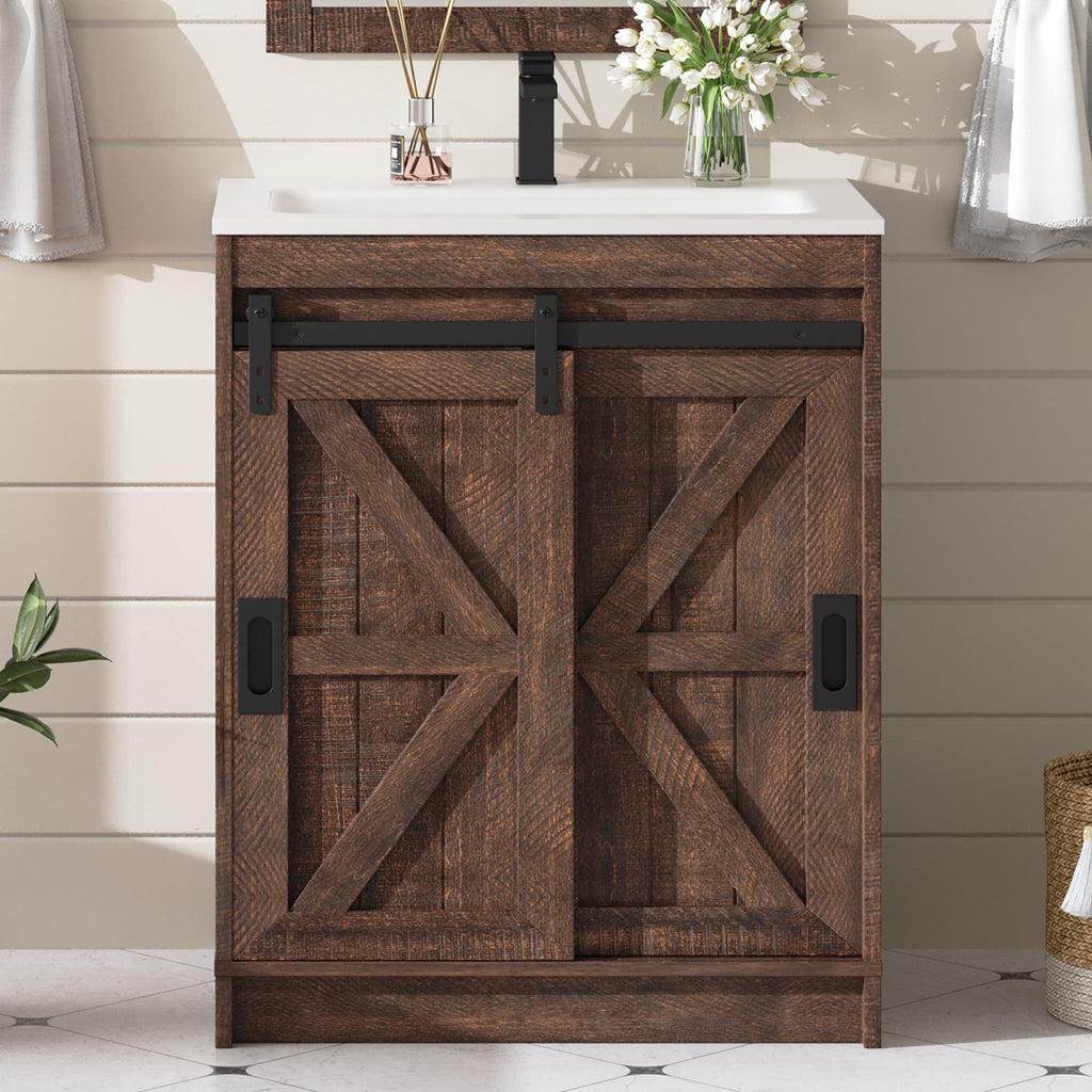 AMERLIFE 48" Farmhouse Freestanding Bathroom Vanity with Sink, Sliding Barn Doors Bathroom Vanity with Drawers & Deep Basin, Spacious Bathroom Storage, Rustic White