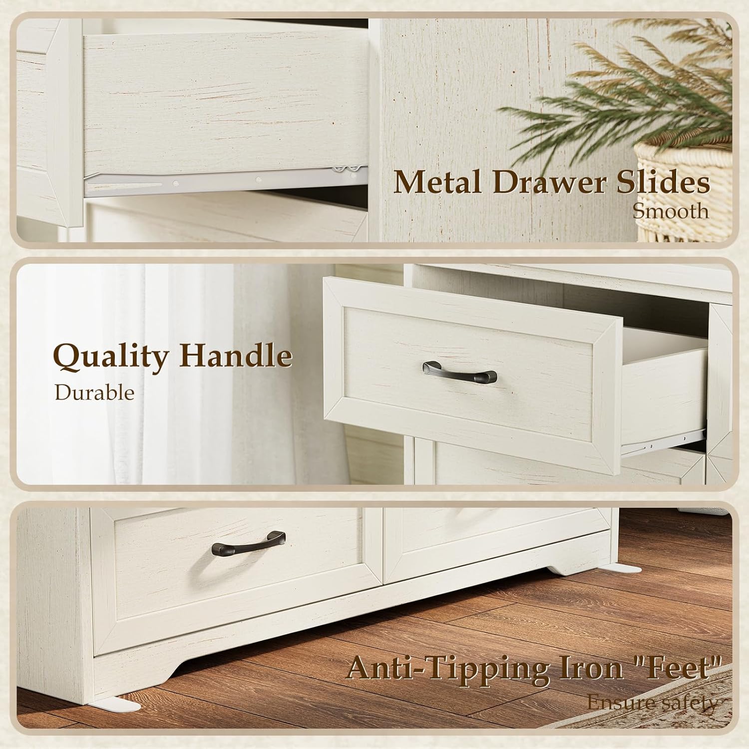 Vintage White Farmhouse 6-Drawer Wooden Dresser 47" Wide Bedroom Storage Chest