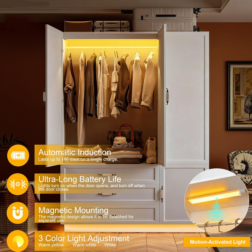 AXCITOC 72" Armoire Wardrobe Closet with 3 Door Wooden Bedroom Armoire with LED Light 3 Drawers Large Modern White Wardrobe Cabinet with Retro Ceramic Door Handles and Removable Hanging Rod